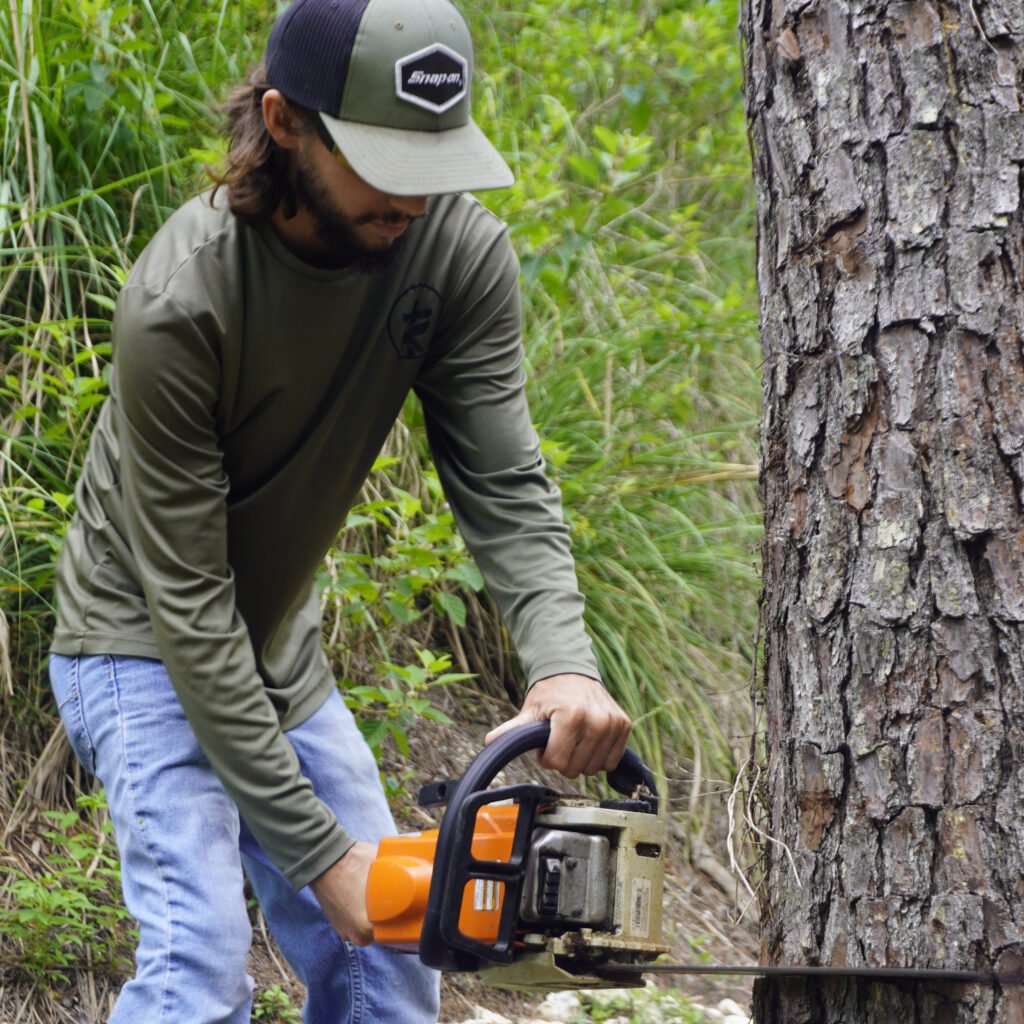 Crew member operating a chainsaw during tree service.